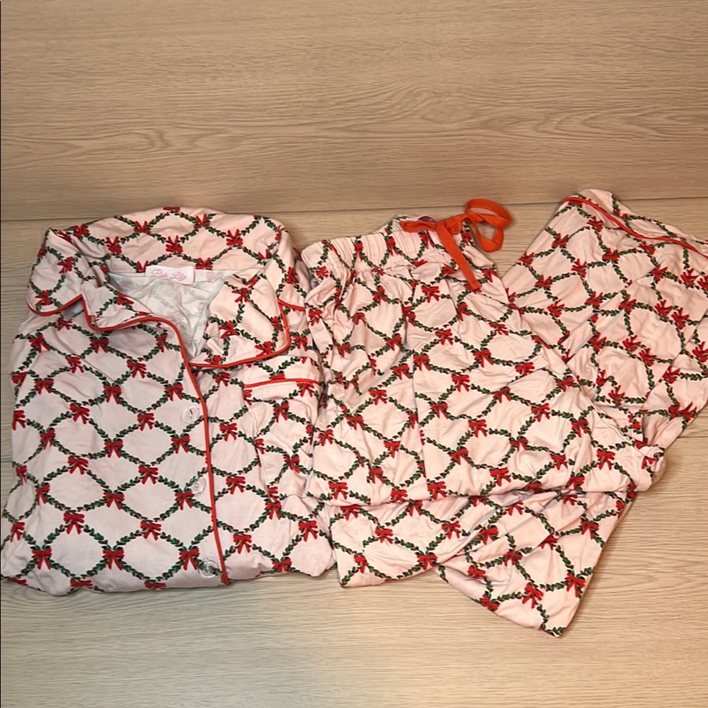 Pink lily holiday bow Festive Red and light pink long sleeve bamboo women’s pjs